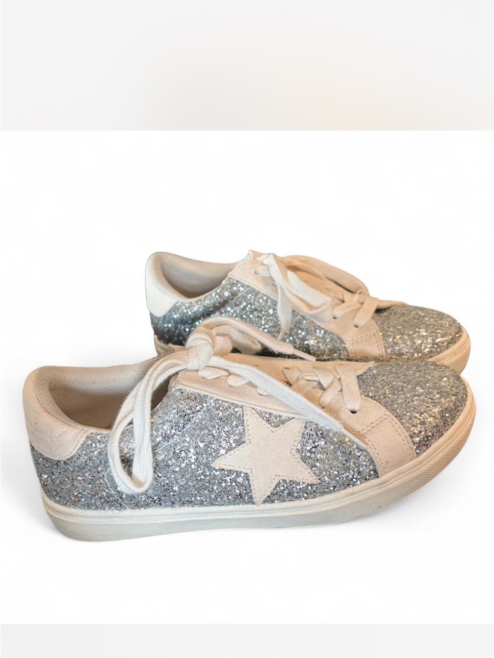 Silver Glitter & Cream Suede Star Lace-Up Sneakers